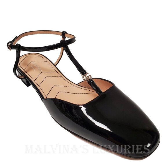 GUCCI SHOES T-STRAP BLACK LEATHER BALLET FLATS w DOUBLE G LOGO sz 39 9 - Picture 7 of 16